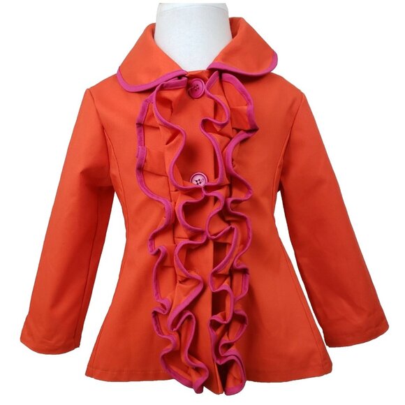 Stella & Stevie Ruffle Jacket Girls 4T Orange Pink Contrast Trim Unlined Coat - Picture 1 of 9